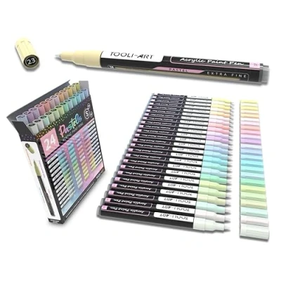 Immagine di Set di 24 pennarelli acrilici pastello serie colori speciali con punta extra fine da 0,7 mm per dipingere su roccia, vetro, legno, metallo, tela, atossici, a base d&#039;acqua, ad asciugatura rapida