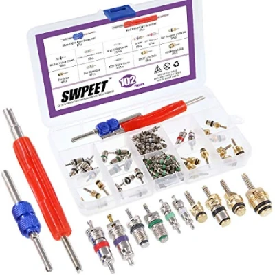 Immagine di Swpeet 102PCS climatizzatore valvola Core kit di accessori, tra cui assortimento R12 R134 A refrigerazione con strumento rimozione per maggior parte delle auto