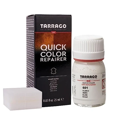 Immagine di Tarrago Quick Color 25 ml Tintura per scarpe in pelle, pelle liscia e tela accessori Macchia ad asciugatura rapida che ripara protegge le calzature da piccoli segni (bianco 601)