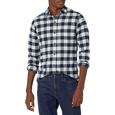 Immagine di Amazon Essentials Camicia in Flanella a Maniche Lunghe (Disponibile Taglie Extra Forti) Uomo, Blu Marino Motivo Scozzese, S