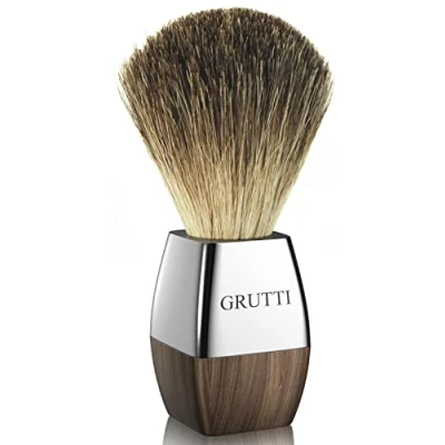 Immagine di GRUTTI Pennello da barba fatto a mano con setole di tasso naturali e pure al 100%, La scelta migliore per una rasatura umida rasoio libera, manico in venatura del legno