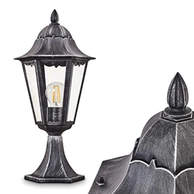 Immagine di lampada da esterno Lignac, di base in stile antico, fusione alluminio nero/argento con vetri, luce percorso 74 cm, giardino retrò/vintage, E27, IP44, senza lampadina/e