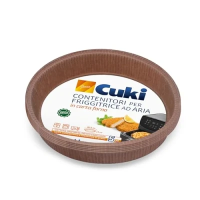 Immagine di Cuki Contenitori per friggitrice ad aria in cartoncino antiaderente, anti grasso e impermeabili, una cottura uniforme un fritto croccante, 1 confezione da 5 pezzi, Ø20.5 cm