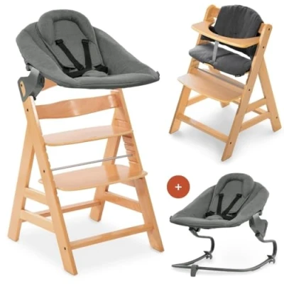 Immagine di hauck Seggiolone Pappa Evolutivo Alpha Plus Newborn Set Premium, Da 0 Mesi con Sdraietta Neonati Reclinabile Premium Extra Piatta, Cuscino in Cotone (Bouncer Dark Grey, Natur)