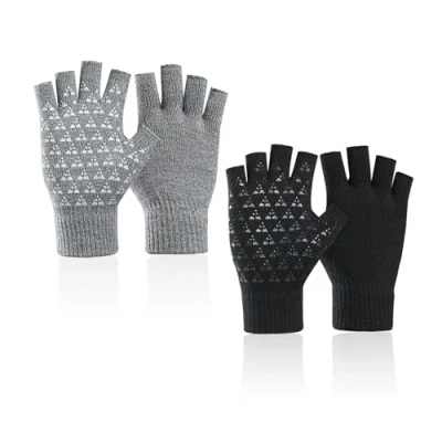 Immagine di 2 paia di guanti a mezza dita, invernali caldi senza dita antiscivolo, elastici in maglia neutri, adatti per corsa, ciclismo (nero, Grigio chiaro), Nero, Claro,