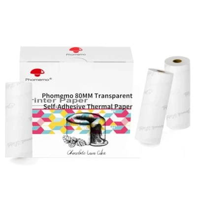 Immagine di Phomemo 80 mm Trasparente Carta Stampante Compatibile con Mini Stampanti Palmare M03, M03AS, M04S, M04AS, 3 Rotoli di Termica Autoadesiva, x 3,5 m
