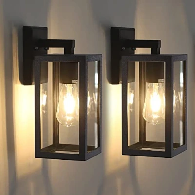 Immagine di BRIMMEL Lanterna da parete esterna impermeabile Apparecchio a con zoccolo E27 Alluminio nero opaco antiruggine Luce paralume in vetro trasparente per portico, 2 Pack