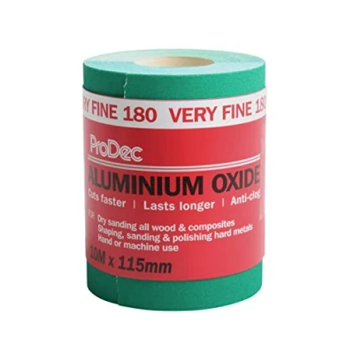 Immagine di ProDec Rotolo da 10 m di carta abrasiva in ossido alluminio verde grana 180 molto fine per levigare legno, vernice, intonaco, stucco, metallo e altro ancora, larghezza 115 mm, compatibile con