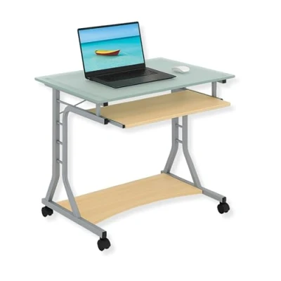 Immagine di Techly 305687 Scrivania per PC Compatta in Metallo e Vetro con Ruote Ciliegio Chiaro