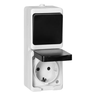 Immagine di Miratic Presa Esterna da Muro con Coperchio Schuko Esterno 2 Poli + Terra Colore Nero Bianco Finitura Opaca IP54 Interruttore a Bilanciere Alta Resistenza e Sicurezza (presa interruttore)