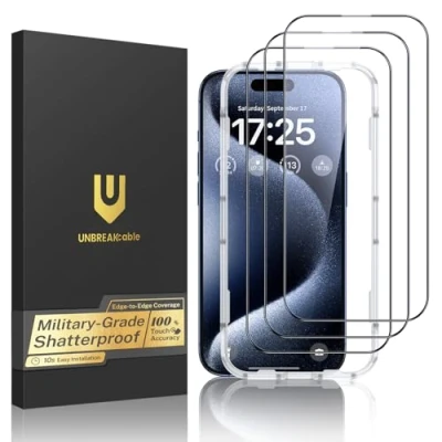 Immagine di UNBREAKcable Pellicola Vetro Temperato per iPhone 15 Pro Max [Pacco da 3] [Copertura Completa 1:1] [HD Trasparente al 99,99%] [Cornice di Installazione Facile] [Durezza 9H] Apple 6.7