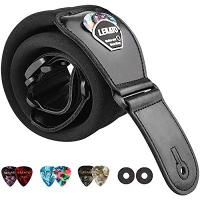 Immagine di LEKATO Tracolla per chitarra con plettro regolabile estremità in vera pelle Lunghezza da 45 &quot;a 55&quot; bassi elettrici acustici Larghezza 3&quot; (Nero)