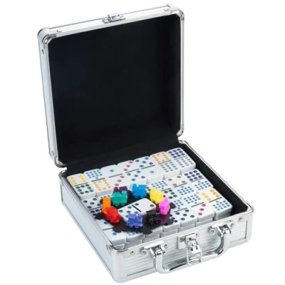 Immagine di Engelhart 250160 Domino Treno Messicano D12 Valigetta in Alluminio + Accessori Set Completo 91 Pezzi di 2 a 8 Giocatori