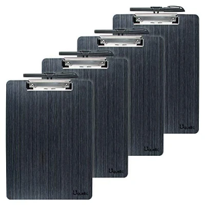 Immagine di Uquelic 4Pcs Tavolette per Appunti A4 Portablocco di Legno Portadocumenti con Clip Clipboard Angoli Arrotondati und Foro Appendere (nero, A4)