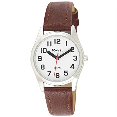 Immagine di Ravel Orologio Donna Super Audace Cinturino di Aiuto alla vista con Grandi Numeri Quadrante Bianco/Colore Argento/Marrone