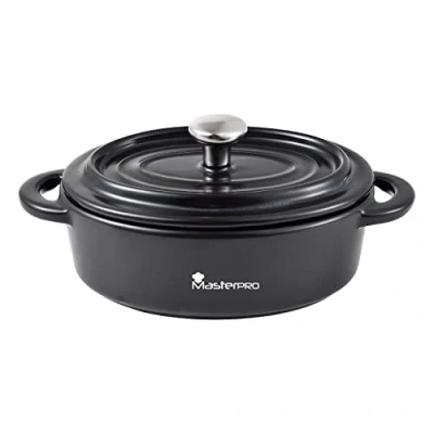 Immagine di MasterPro Cook &amp; Share Casseruola in Gres Design Ovale con Coperchio Colore Nero 16 x 9,8 4,5 cm Manici Ergonomici Tegame Per Ogni Piano Cottura Lavastoviglie e Forno