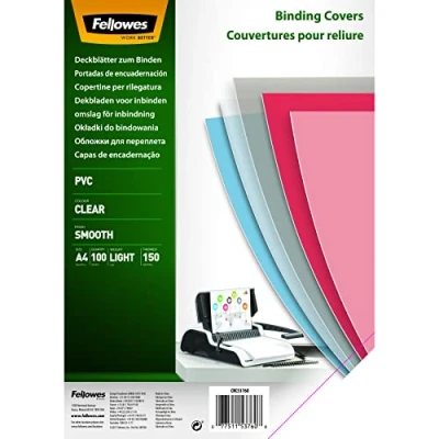 Immagine di Fellowes 5376001 Copertine per Rilegatura in PVC Trasparente, Formato A4, 150 Micron, Confezione da 100 Pezzi
