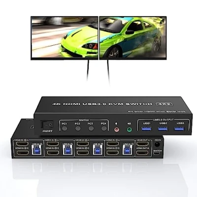 Immagine di switch KVM USB 3.0 2 monitor 4 computer, supporta EDID, HDMI 4K 60Hz per PC con uscita microfono audio e 3 porte 3.0, commutatore mouse tastiera
