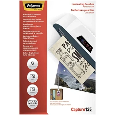 Immagine di Fellowes 5329001 Pouches A3, Formato 125 Micron, Confezione da 100 Pezzi, Trasparente