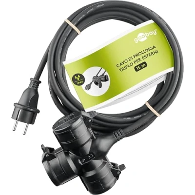 Immagine di goobay cavo prolunga a corrente tripla per uso esterno IP44 / di alimentazione 3 prese Schuko con alette protezione 3680 W 250 V (AC) e 16 A, 10 m 65438