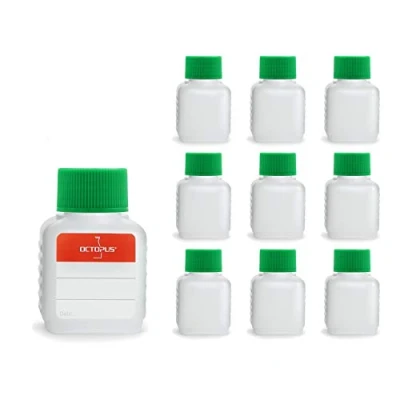 Immagine di Octopus 10 x 50 ml Bottiglie in plastica, plastica HDPE con Tappi a Vite Verde, vuote coperchi quadre Etichette compilabili Incluse