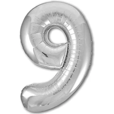 Immagine di Palloncino 9 Compleanno Numero Gigante Argento, XXL di 100 cm. Decorazione Compleanno. ad Aria o Elio.