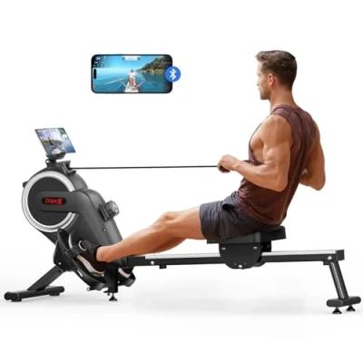 Immagine di Vogatore magnetico Dripex con guida di scorrimento in alluminio, 16 livelli resistenza regolabile, capacità peso massima 265 libbre per palestra domestica, app/monitor LCD (Bluetooth)