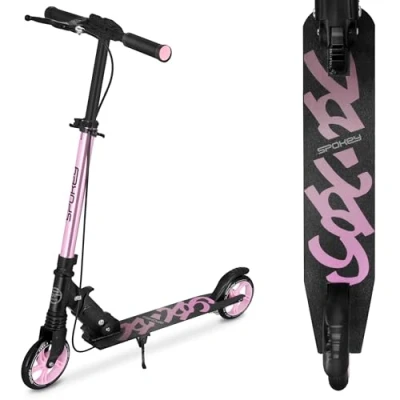 Immagine di SPOKEY Vacay Pro, monopattino con freno a mano, pieghevole e regolabile in altezza, alluminio, per bambini, ragazzi adulti, ruote da 145 mm, cuscinetti ABEC 7 carbonio (rosa)