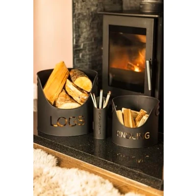 Immagine di Marco Paul set di supporti per legna da ardere e fiammiferi, accessori caminetti domestici, secchi in metallo nero, attrezzature antincendio interni, secchio tronchi legno