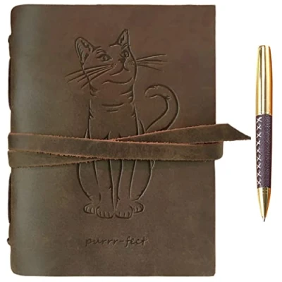 Immagine di Quaderno Appunti in Pelle Gatti A5 Diario di Viaggio Taccuino Donna e Uomo Fatto a Mano Agenda con Fogli Bianchi 21 x 15 cm (8&quot; 6&quot;) Idee per Regali Originali