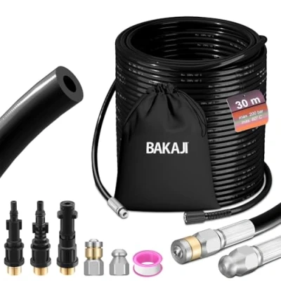 Immagine di BAKAJI Sonda Sturatubi Spurgatubi Alta Pressione 200 Bar, Sistema Antipiega con Custodia, 3 adattatori, 2 ugelli fissi e rotanti, Compatibile idropulitrice Kärcher k2 k7 LAVOR (30 Metri Borsa)