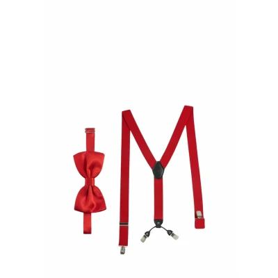 Immagine di Massi Morino Set di Bretelle con papillon Rosso per uomo e donna I elastiche a Y fermagli extra resistenti larghezza 3,5 cm lunghezza regolabile Cravatta preannodata abito