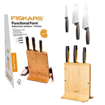 Immagine di Fiskars Ceppo per coltelli di design in bambù con 3 coltelli, Functional Form, Incl. Spelucchino, Coltello Santoku e da cuoco, Plastica, Bambù, 1057553