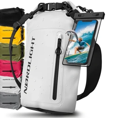 Immagine di Nordlight Dry Bag Sacca Impermeabile + Custodia per Cellulare Chiusura Arrotolabile, Tracolla Zaino Stagna Borsa Spiaggia, Canoa, SUP, Immersioni Bianco, 30 Litri