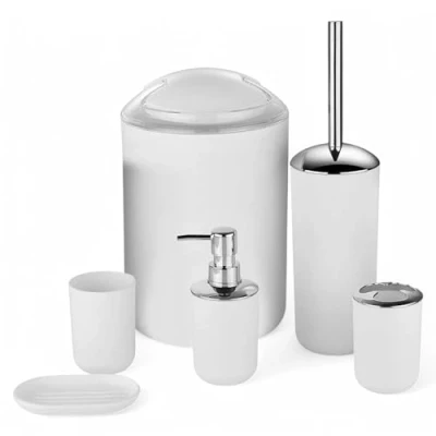 Immagine di GMMH Set di 6 accessori da bagno, con dispenser per sapone, porta saponetta e scopino WC (modello 3, bianco)