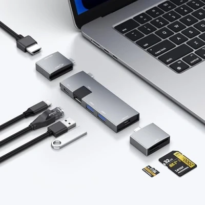 Immagine di hub USB C per MacBook, 7 in 2, porta Thunderbolt 4 C, 4K 60Hz HDMI, Ethernet, 2 porte dati A, lettore di schede microSD SD MacBook Pro 13 pollici, Air M1 M2 M3 iPad