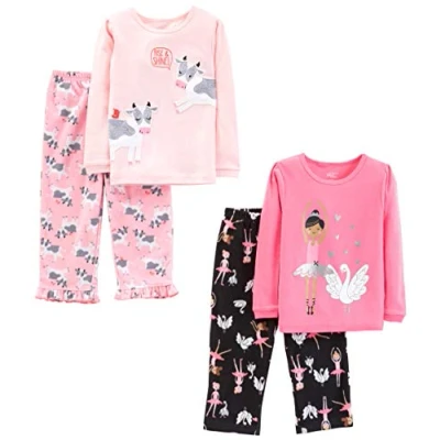 Immagine di Simple Joys by Carter&#039;s Set Pigiama (Maglia in Cotone e Pantaloni Pile), 4 Pezzi Bambine ragazze, Nero Ballerine Classiche/Rosa Chiaro/Rosa Pezzata/Cigni, anni