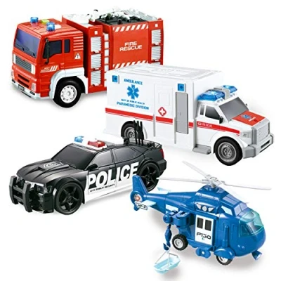 Immagine di JOYIN Set da gioco di Eroi della Città alimentati dall&#039;attrito 4 pezzi che include camion dei pompieri ambulanza auto polizia e veicoli emergenza per elicotteri con luci suoni