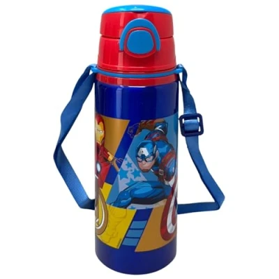 Immagine di Borraccia in alluminio con cannuccia Avengers Marvel 730 ml bottiglia apertura automatica pop up per bambini tracolla dotazione