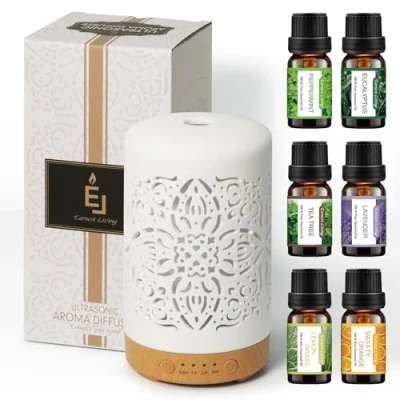 Immagine di Earnest Living diffusore di oli essenziali, set regalo con in ceramica bianca da 100 ml e timer, luci notturne, funzione spegnimento automatico, umidificatore per