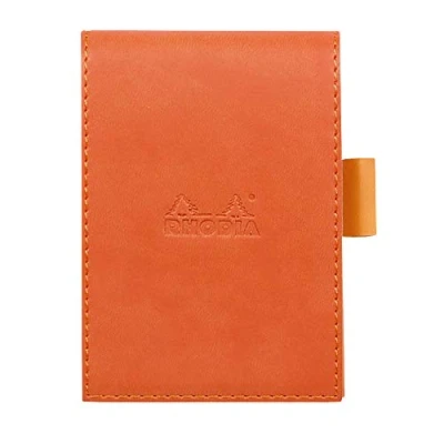 Immagine di RHODIA 118214C Astuccio Portablocco+bloc Notes Punto metallico N11 Tangerine A7 a righe 80 Fogli staccabili Carta Clairefontaine bianca g/m Portamatita SimilCuoio Collezione Rhodiarama