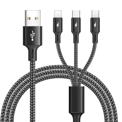 Immagine di ASICEN cavo USB multiplo [1,2 M], di ricarica universale 3 in 1, rapida, nylon con Lightning/tipo C/Micro per iPhone 16/15/14/13/Galaxy