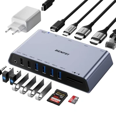 Immagine di BENFEI DisplayLink 12 in 1 USB 3.0 Docking Station Universale con Doppio HDMI Display/6*USB Porte/Lettore di Schede SD/TF/Rete Gigabit Ethernet/Jack Cuffie 3.5mm Femmina Compatibile Windows e Mac
