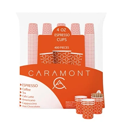Immagine di Caramont,4 Oz 400 Pz Bicchieri di Carta per Espresso con Palettine in Legno,Ecologici e Usa Getta,Resistenti al Calore,Ideali Caffè,Tè,ecc.
