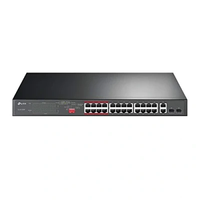 Immagine di TP Link Switch PoE Fast Ethernet a 24 porte 10/100Mbps PoE+ @250W, con 2 Uplink Gigabit + slot SFP Combo Modalità Priorità Estensione (TL SL1226P), Nero