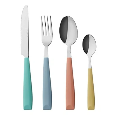 Immagine di Exzact Posate 24 Pezzi Acciaio Inossidabile con Maniche Larghe in plastica Colorate 6 x Forchette, Coltelli Cena, Cucchiai Cucchiaini (Colore Misto 24)