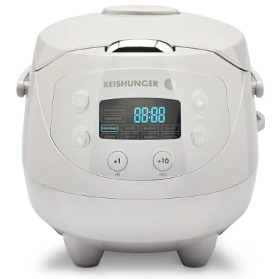 Immagine di Reishunger Mini Cuociriso Digitale Vaporiera Multifunzione Grigio Fino a 3 Persone Con 8 Programmi, Tecnologia 7 Fasi, 0.6L Display LED e Funzione di Mantenimento del Caldo