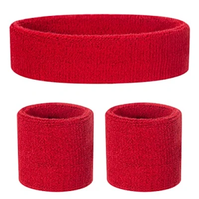 Immagine di ONUPGO Set di fasce per il sudore bambini, in cotone atletico, fascia lo sport (1 + 2 polsiere) (rosso)