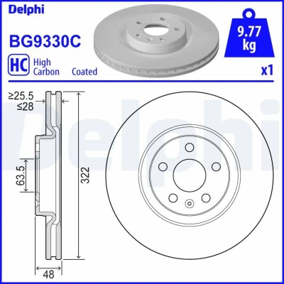 Immagine di DELPHI BG9330C Disco freno 322 28 5 ventilato rivestito ad alto tenore di carbonio senza cuscinetto ruota, anello sensore ABS VOLVO: V60 II