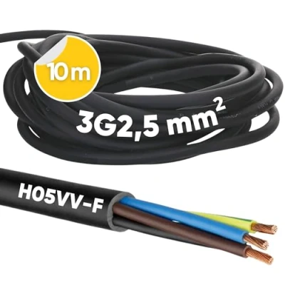Immagine di Kalitec H05VV F Tubo flessibile da 10 metri, 3 x 2,5 mm², 3G2,5 mm2, con conduttore di protezione, cavo in PVC per interni, elettrico nero, lampada, flessibile, dispositivo a